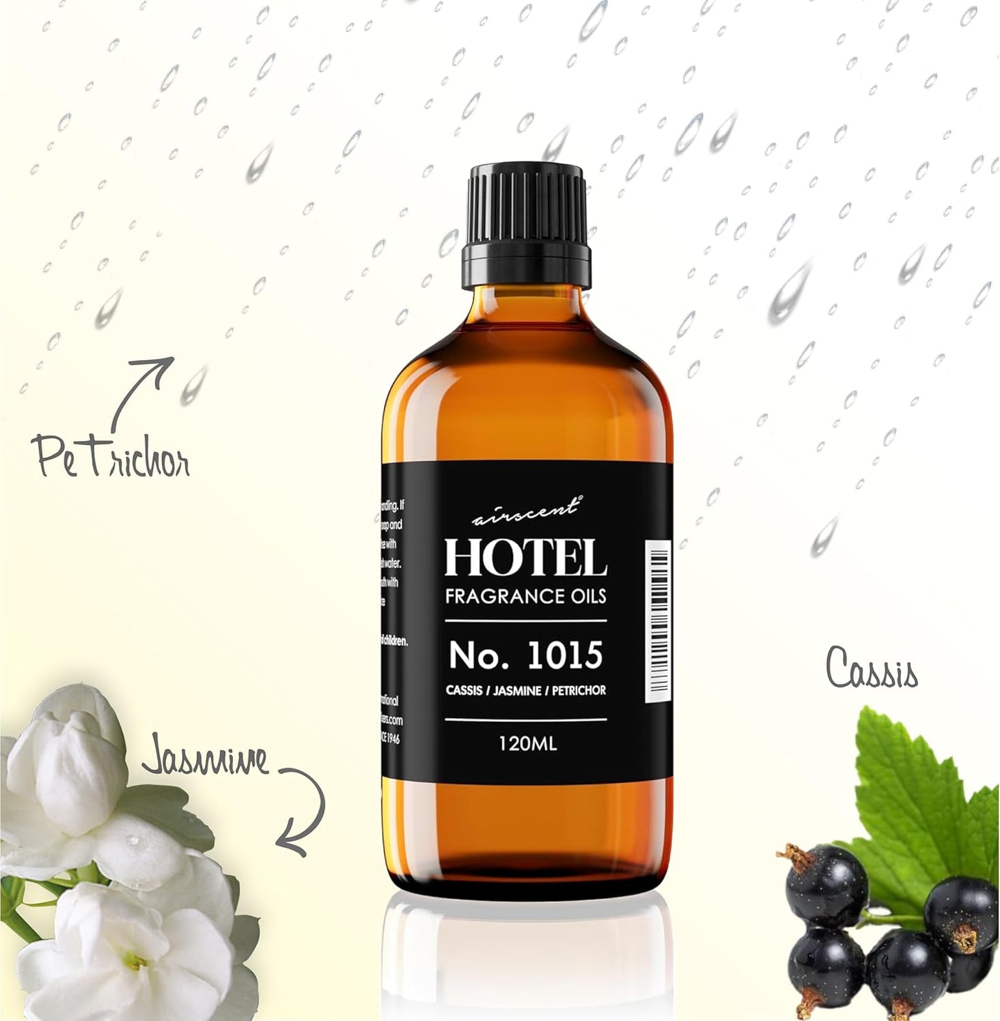 AirScent Hotel Diffuser Oil No. 1015 - Cassis Jasmine Petrichor - Premium Fragrance Oil for Ultrasonic and Waterless Diffusers and Crafting - 10 mL, 0.34 fl oz Glass Dropper Blottle
