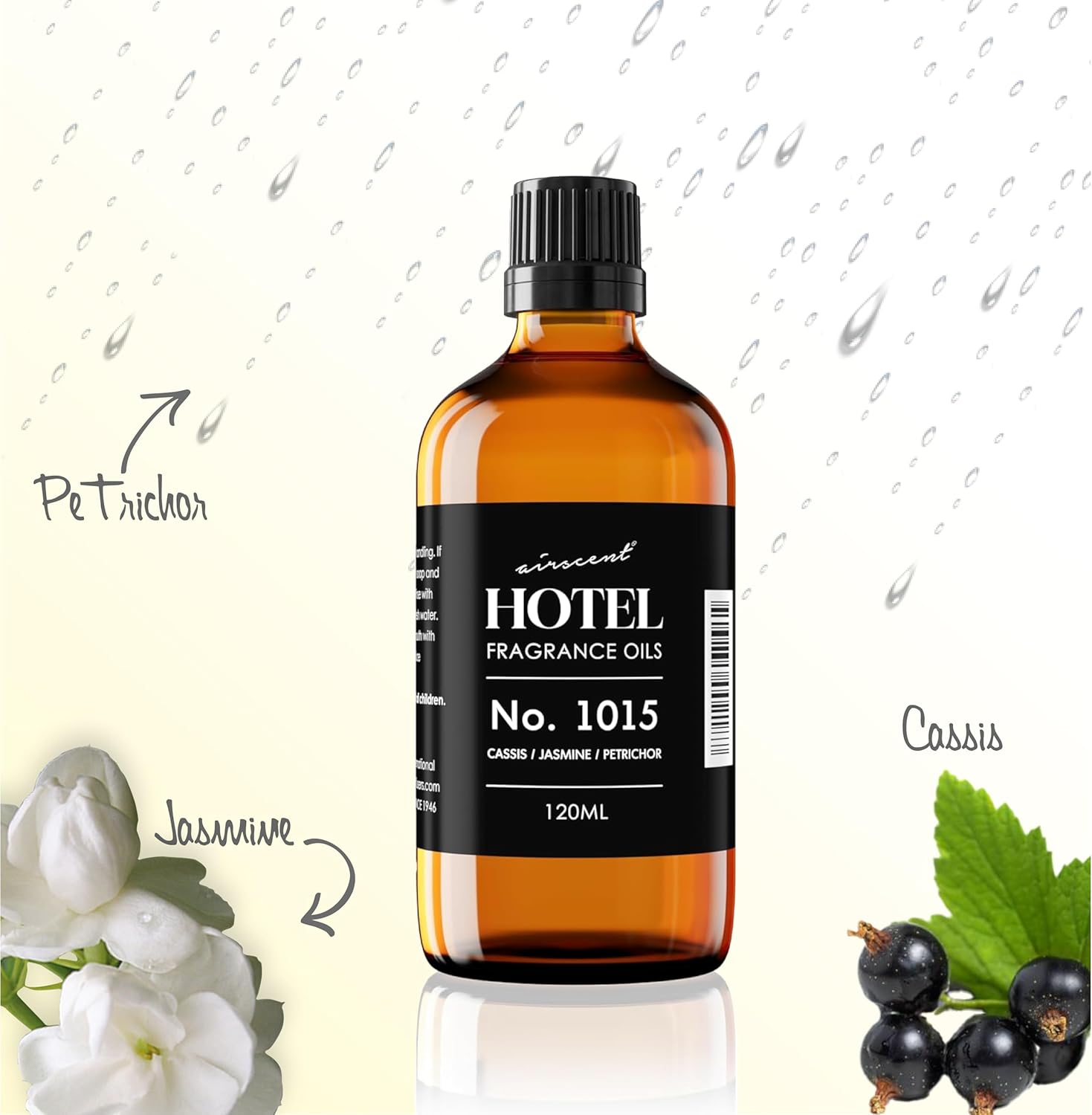 AirScent Hotel Diffuser Oil No. 1015 - Cassis Jasmine Petrichor - Premium Fragrance Oil for Ultrasonic and Waterless Diffusers and Crafting - 10 mL, 0.34 fl oz Glass Dropper Blottle