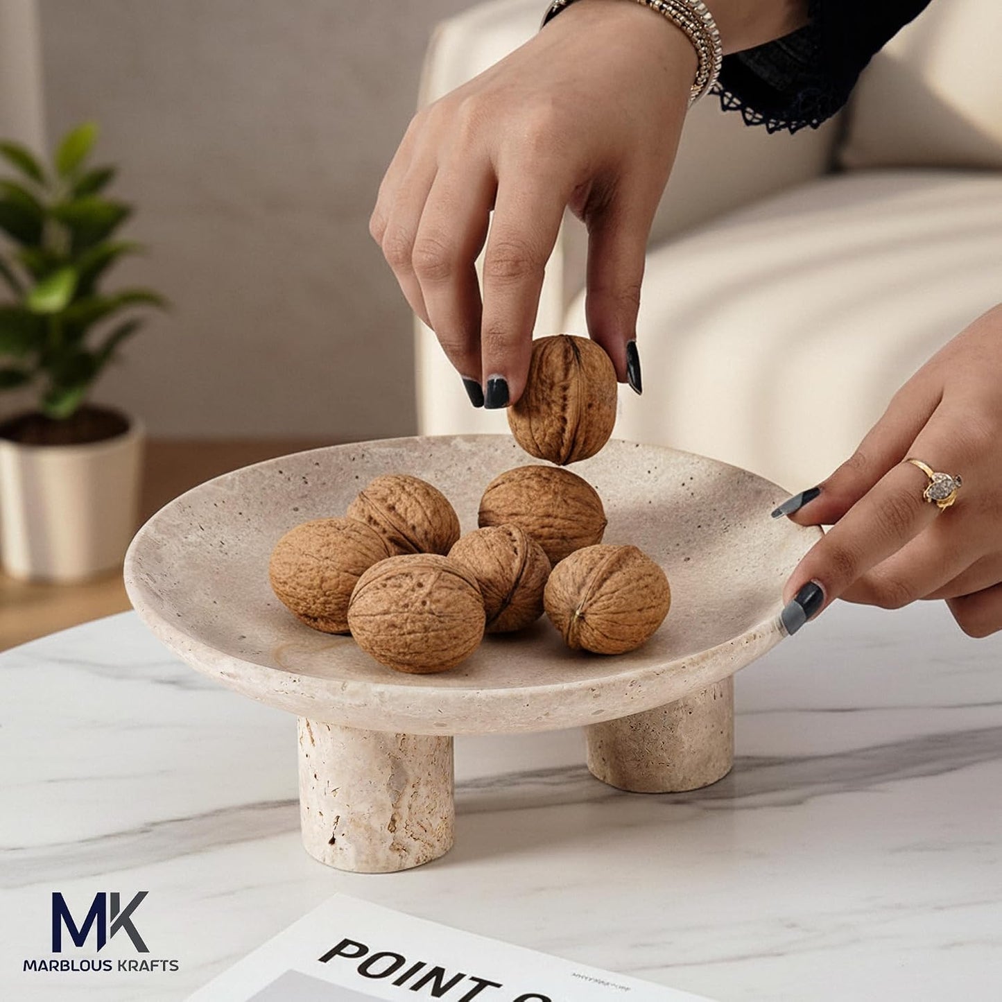 Marblous Krafts Travertine Decorative Tray 8 Inch Handmade Natural Stone Vanity Tray, Candle Holder Display, Perfume Tray Organizer, Jewelry Dish & Coffee Table Decor for Modern Home
