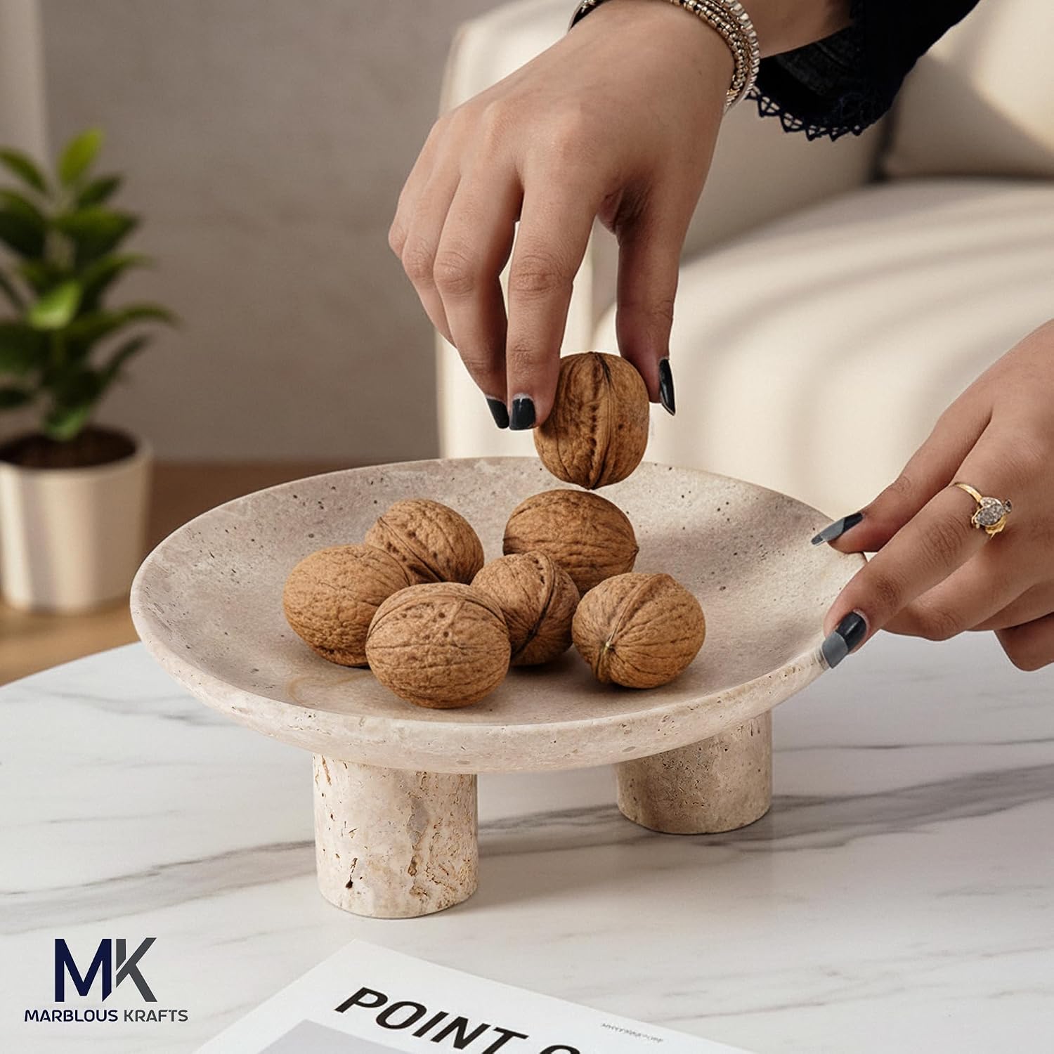 Marblous Krafts Travertine Decorative Tray 8 Inch Handmade Natural Stone Vanity Tray, Candle Holder Display, Perfume Tray Organizer, Jewelry Dish & Coffee Table Decor for Modern Home