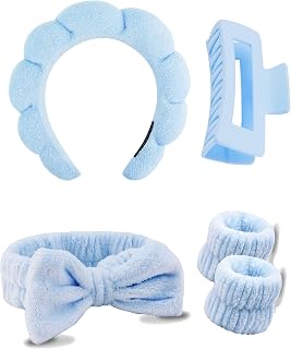 5 Pcs Spa Headbands for Wash Face, Makeup Headband, Facial Skincare Headbands, Puffy Sponge Spa Headband Bow Tie Hair Band Hair Clips Wristband Set Women Girls (Blue)
