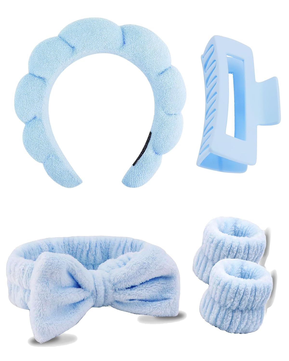 5 Pcs Spa Headbands for Wash Face, Makeup Headband, Facial Skincare Headbands, Puffy Sponge Spa Headband Bow Tie Hair Band Hair Clips Wristband Set Women Girls (Blue)