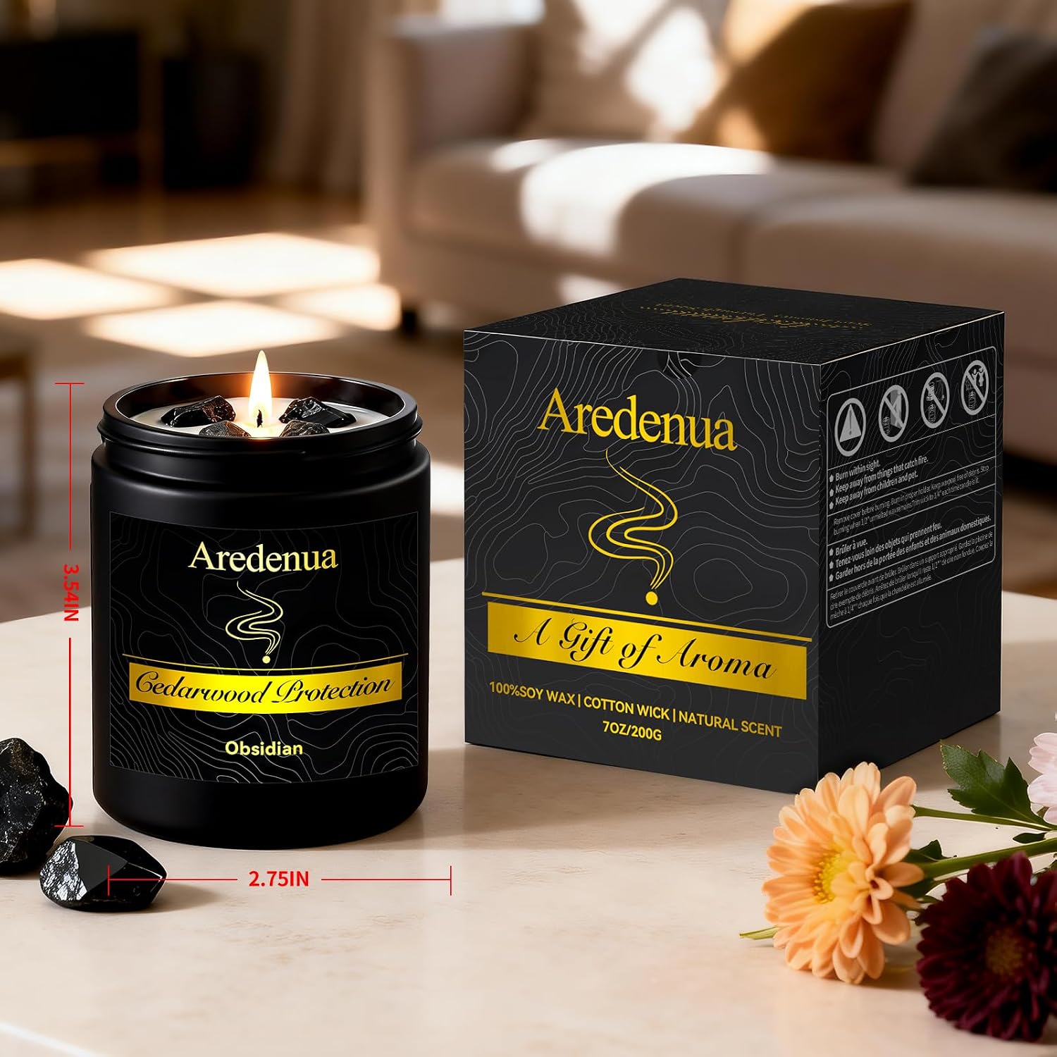 Scented Candle with Crystal for Emotional Protection and Grounding - Cedarwood Aromatherapy Candle with Obsidian Healing Crystals, Natural Soy Wax 7oz, Strength Gift for Women Men