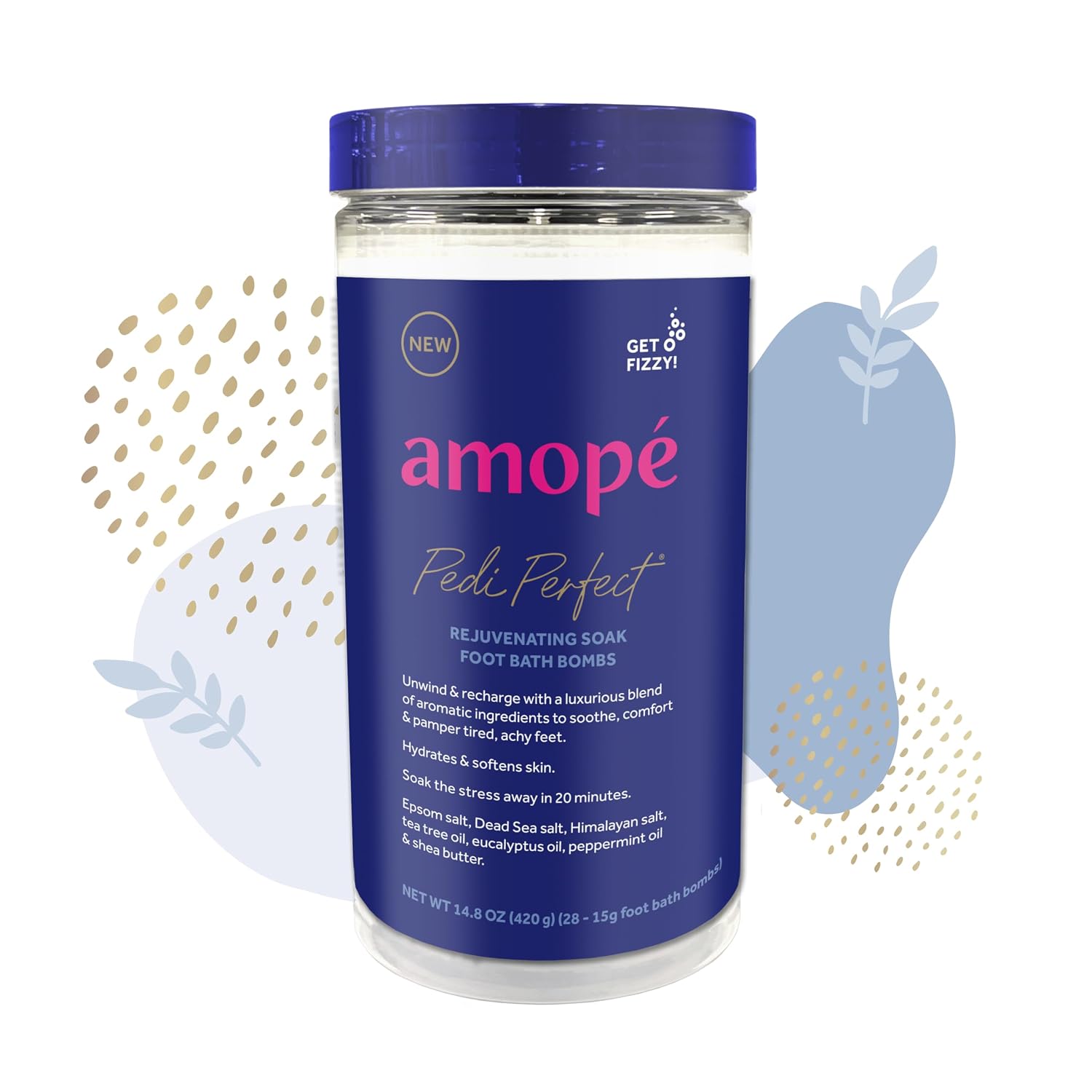 Amopé Pedi Perfect Rejuvenating Foot Soak Foot Bath Bombs, Relaxing Foot Spa Fizzies with Epsom salt, Dead Sea & Himalayan Salt, Tea Tree Oil, Shea Butter to Soothe, Hydrate & Soften Tired Feet, 28 ct