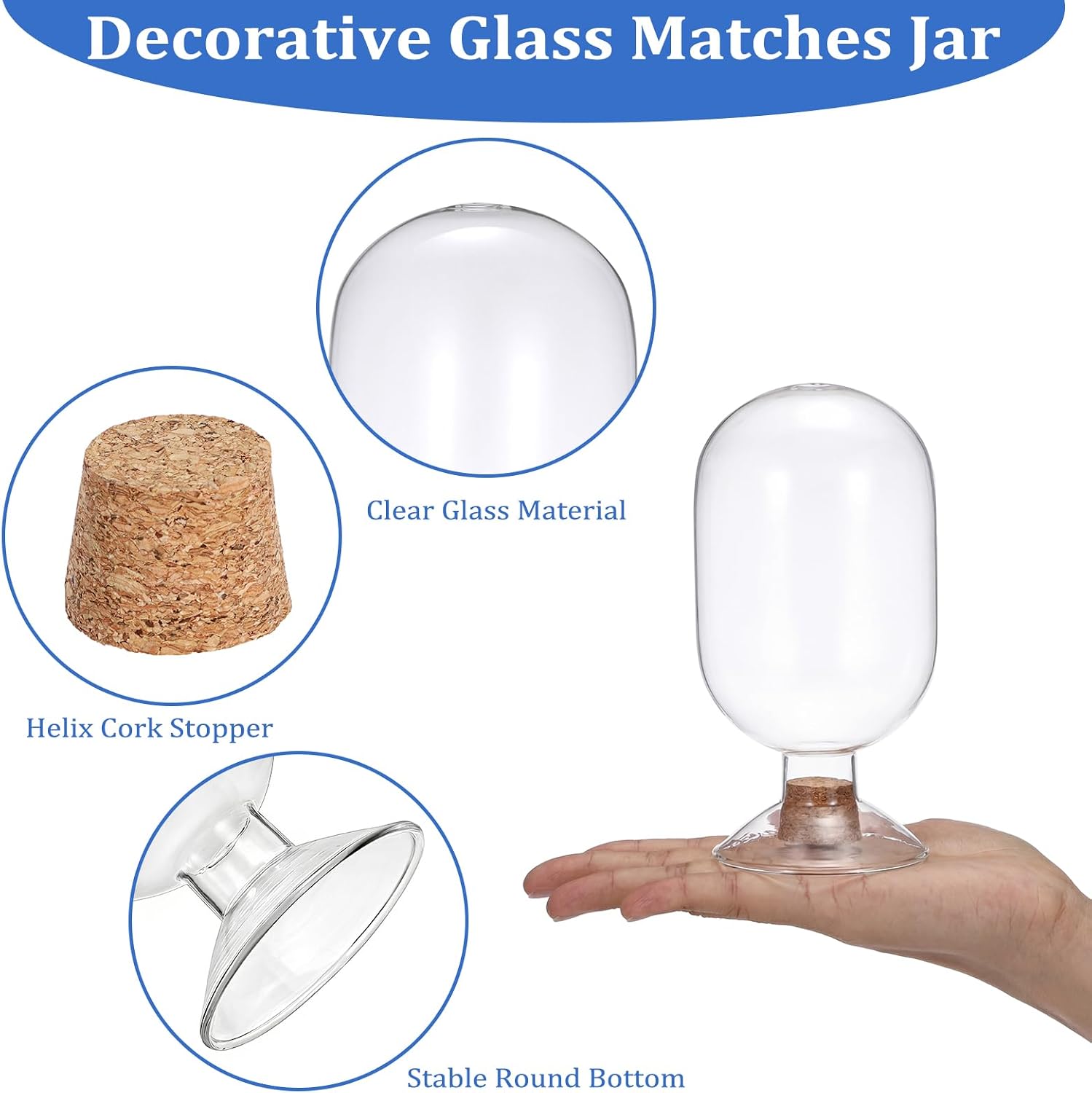 OwnMy 4 Inch Glass Match Cloche Decorative Glass Match Holder Jar with Cork Stopper, Clear Glass Matches Box Matchstick Holder Organizer for Home Bathroom Fireplace Candle Use (NOT Includes Matches)