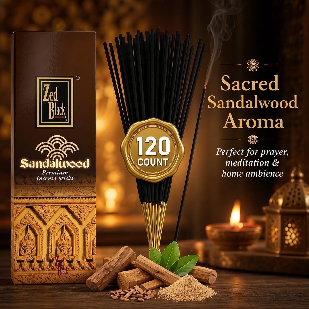 Sandalwood Incense Sticks -120 Count | Hand-Rolled, Long-Lasting Sandalwood Aroma | Ideal for Meditation, Relaxation, Yoga & Spiritual Balance I Zed Black