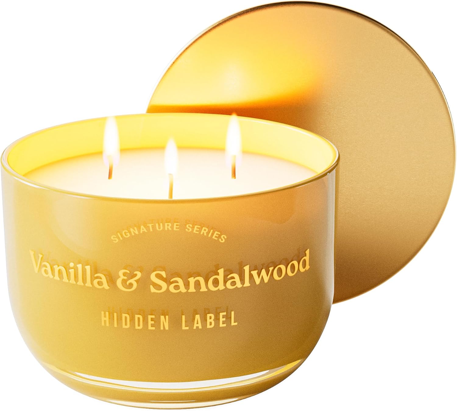Hidden Label Vanilla Sandalwood Scented Candle, 18oz Large 3 Wick Natural Soy Wax Candle, 70 Hours Burn Time Non Toxic Aromatherapy Candle for Home, Luxury Home Décor & Gift for Women