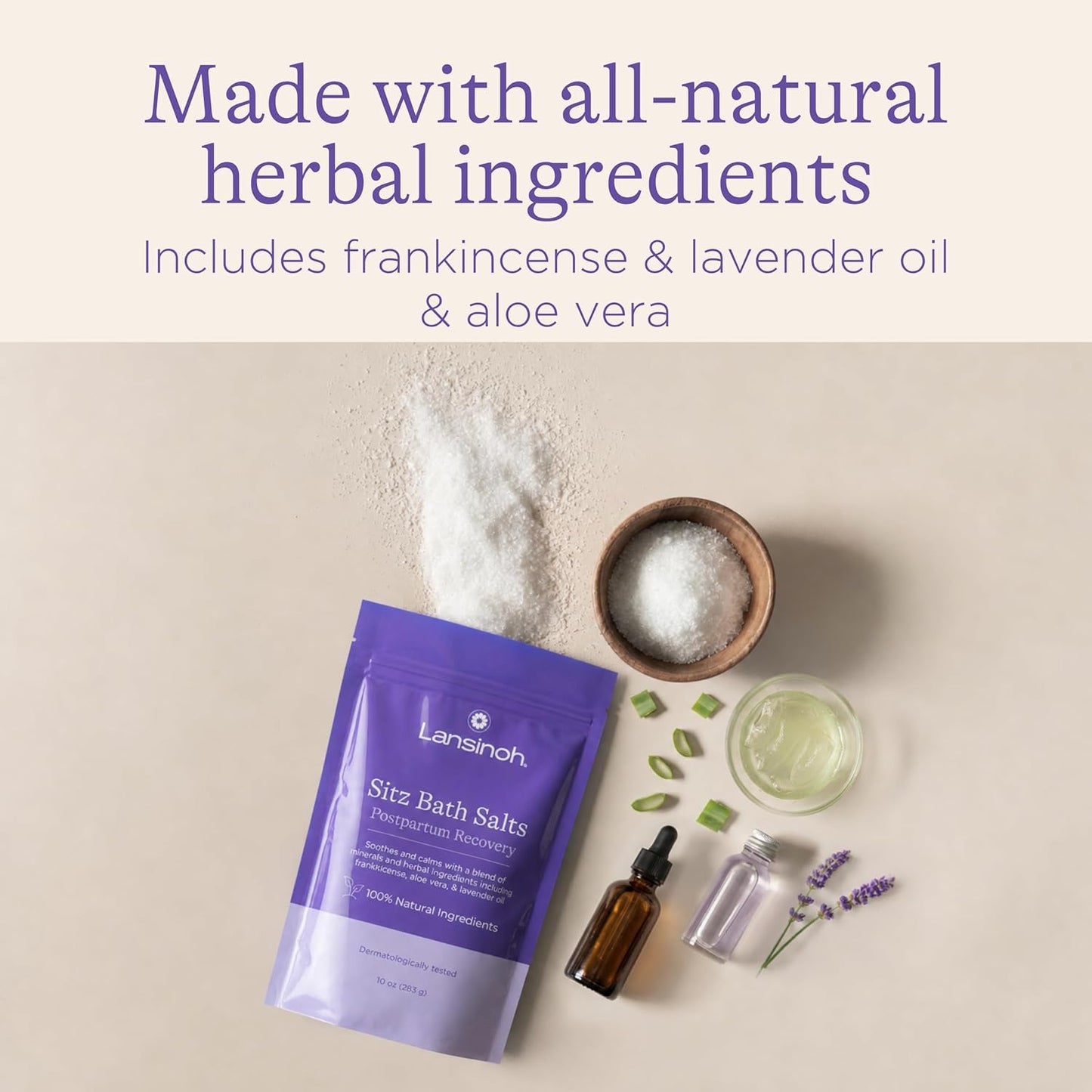 Lansinoh Sitz Bath Salts for Postpartum Care, Perineal Soak with Epsom Salt, Aloe Vera, Lavender & Frankincense Oil, 10 Ounces