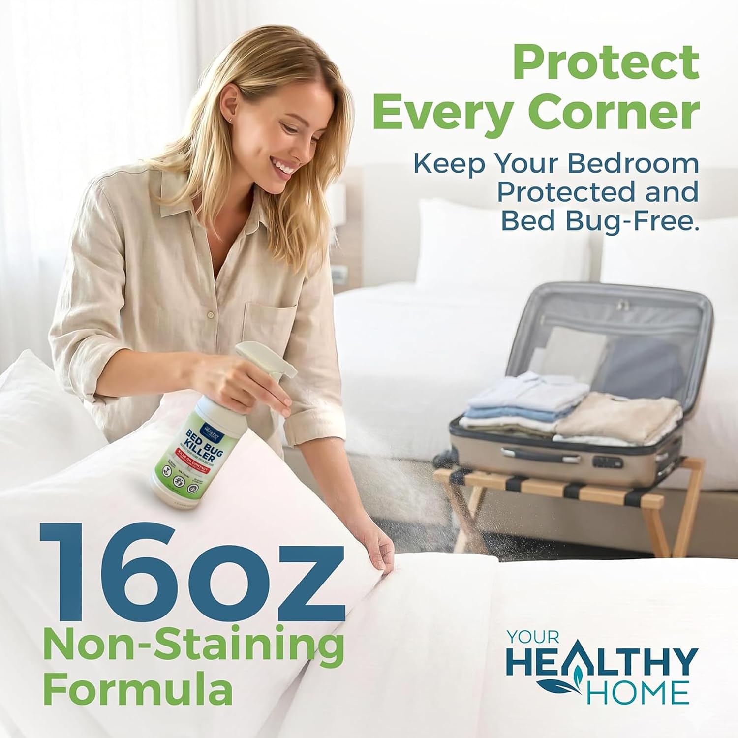 Your Healthy Home Bed Bug Killer Spray - Plant-Based Bug Spray for Home - Effective Insect Spray for Mattresses, Bedding, Furniture & More - Safe for Indoor and Outdoor Use - Unscented - 16 FL Oz