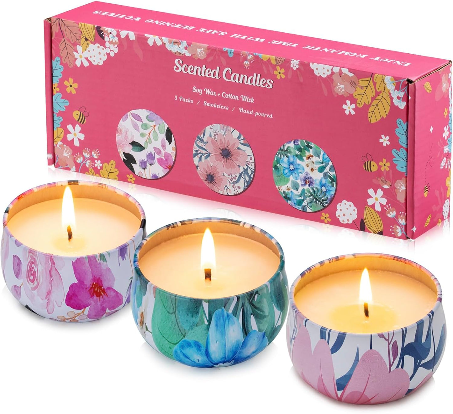 Hausware 3 Pack Scented Candles, 2.5 oz Aromatherapy Candles with Floral Scents,Soy Candles Set with 72H Burning Time,Ideal Gift for Women(Magnolia+Jasmine+Rose)