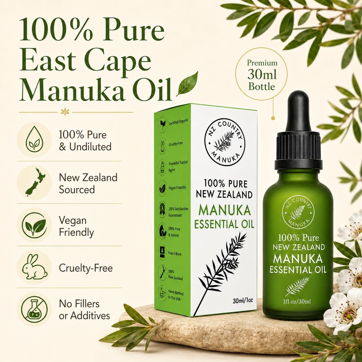 100% Pure New Zealand Manuka Oil | Organic Essential Oil | 35x Stronger Than Tea Tree | Natural Skin Care | Toenails | Diffuser | Aromatherapy | Nails | Hair | Skin | Lips