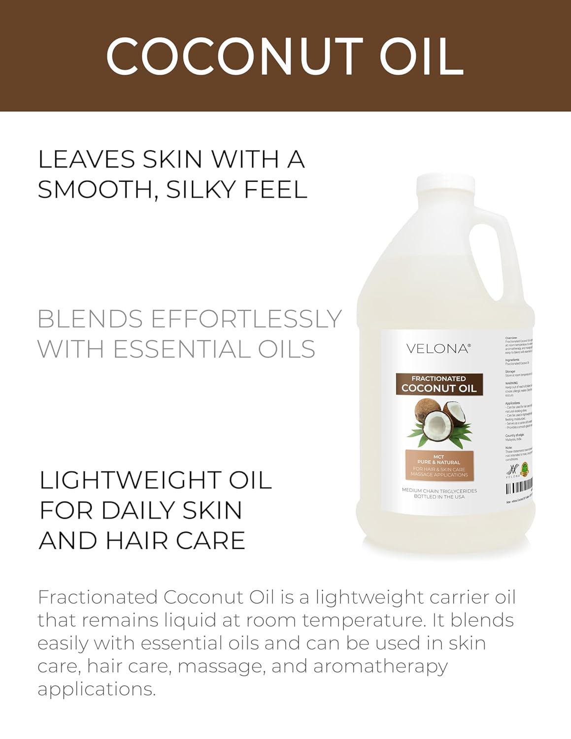 velona MCT Coconut Oil 1 Gallon / 128 Fl Oz | 100% Pure and Natural Carrier Oil | Fractionated | Skin, Face, Body, Hair Care | Use Today - Enjoy Results