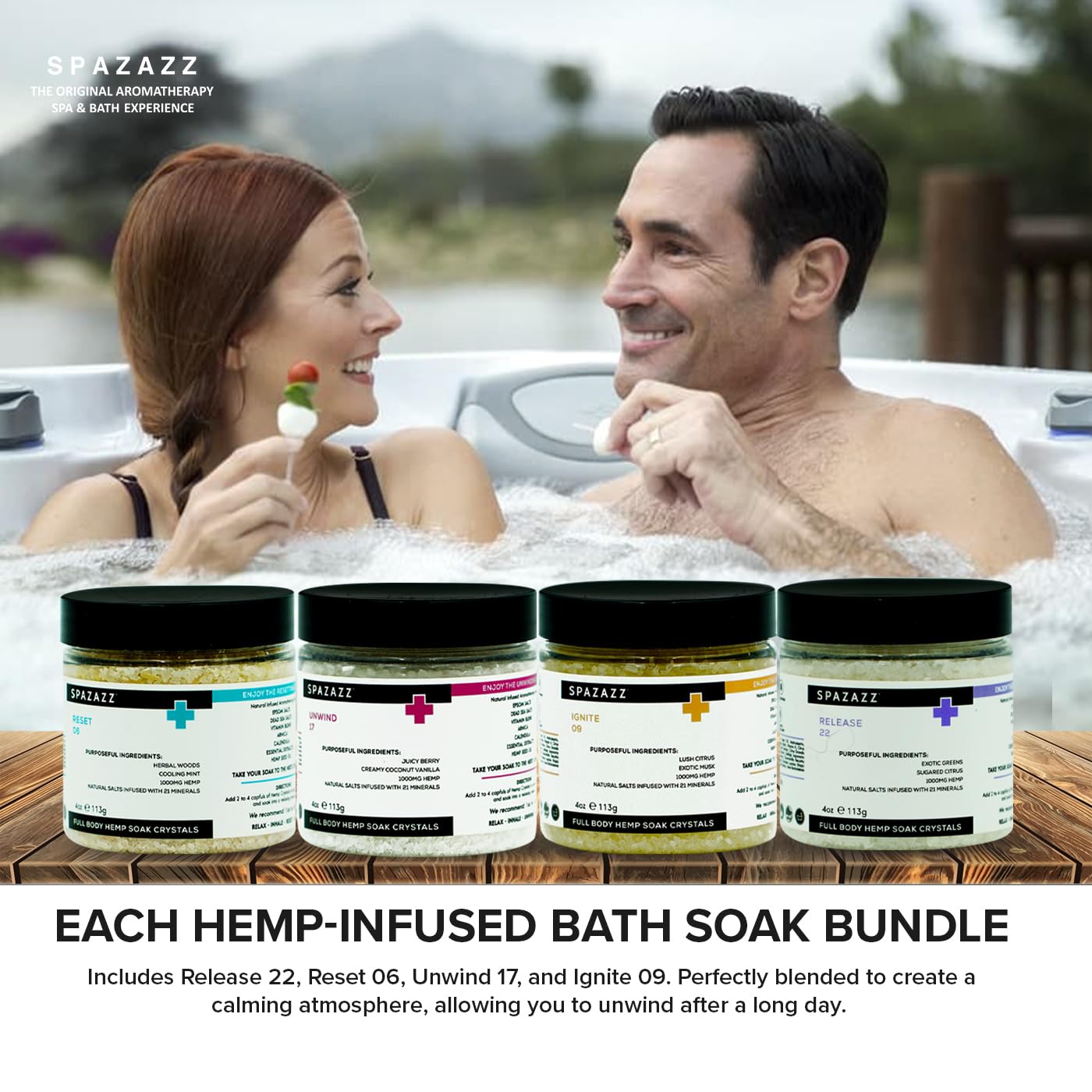 Spazazz Hot Tub Aromatherapy Full Body Hemp Soak Collection Sampler Pack - 4oz 1000 mg Hemp Spa Aromatherapy Hot Tub Bath Salt Crystals 4 Pack: Release 22, Reset 06, Unwind 17, Ignite 09