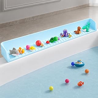 Bathtub Splash Guard for tub Kids& Bath Shelf for Kids – Toddler Bath Tray, Bath Toys Storage & Ledge Organizer – Splash Guard for Bathtub with Suction Cups – Kids Bathroom Accessories(2.6FT, Blue)