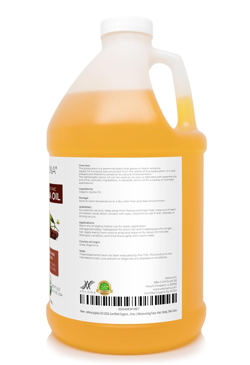 velona Jojoba Oil USDA Certified Organic - 1 Gallon / 128 Fl Oz | 100% Pure and Natural | Golden, Unrefined, Cold Pressed, Hexane Free | Moisturizing Face, Hair, Body, Skin Care