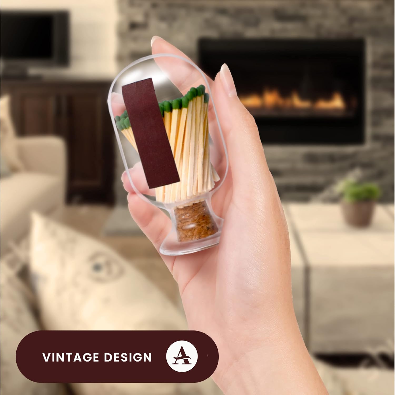 Glass Match Holder with Striker – Includes Fancy Matches in Cloche Jar – Decorative Christmas Gift for Home or Fireplace – White Large
