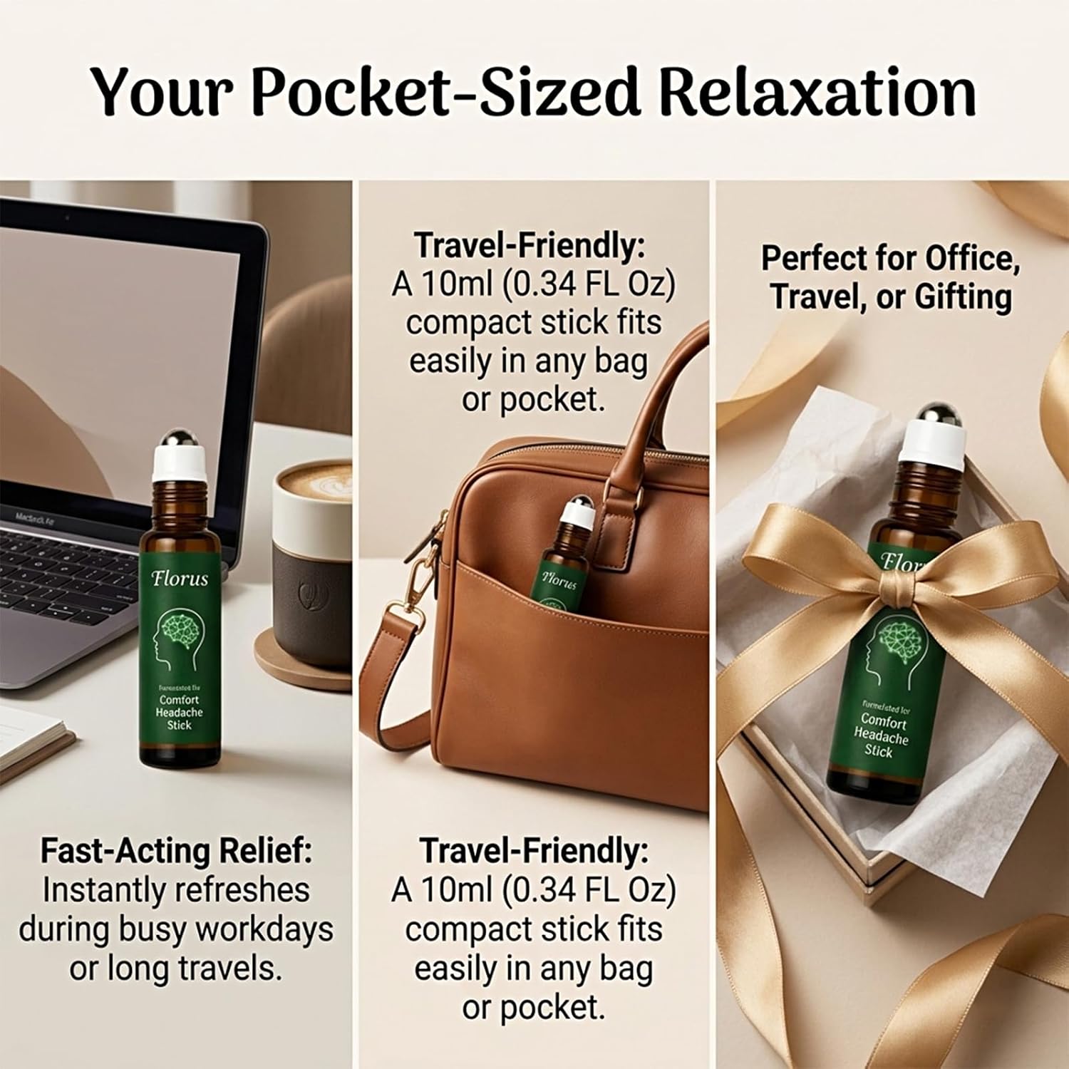 Florus Relief Roll on, Peppermint Oil Head Comfort Stick with Lavender, Chamomile and Magnesium Glycinate (1pcs)