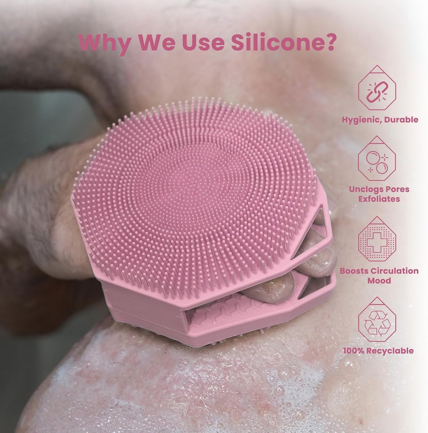 iTokGoK® Premium Silver-Infused Double-Sided Design 2-in-1 Silicone Body Scrubber for Women,Body Buffer Scrubber for Sensitive Skin, Ergonomic No-Slip Handle, Long-Lasting & Easy to Clean - Pink
