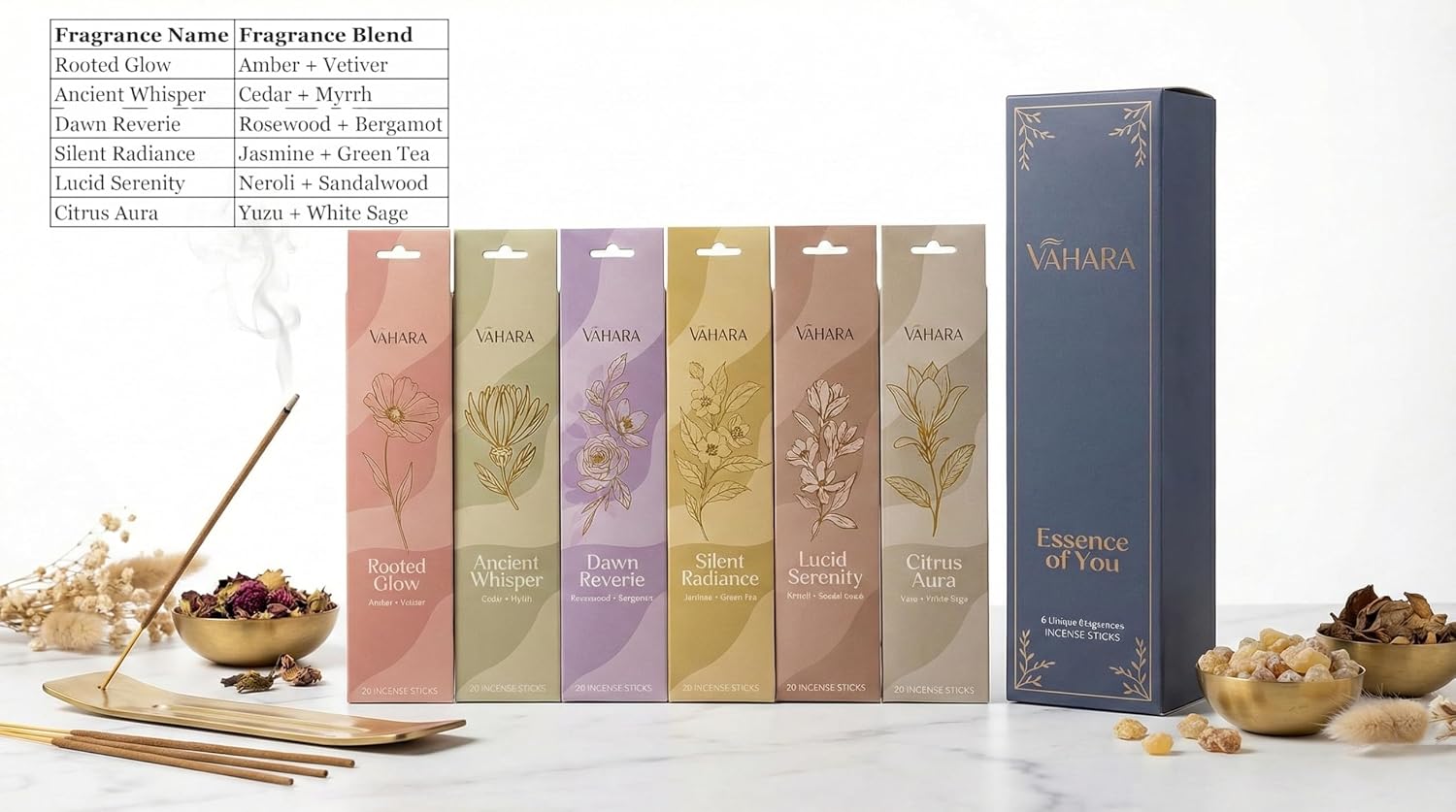Incense Sticks Variety Pack – Natural Masala Incense Sticks, Premium VAHARA Hand-Rolled Incense for Home Fragrance, Aromatherapy & Meditation (Premium Vahara Essence of You, 6 Fragrance Packs)