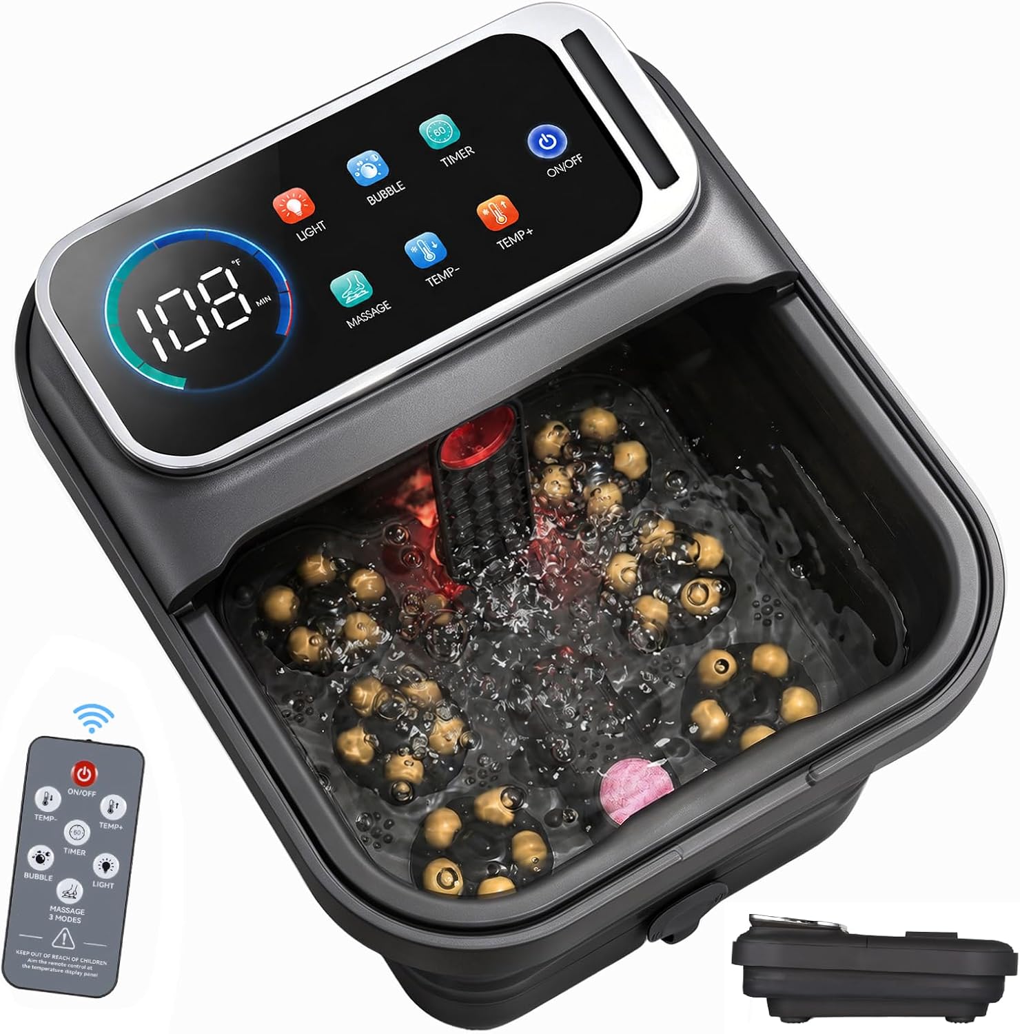 AAOBOSI Collapsible Foot Bath with Heat, Foot Massager Spa Soaking Tub with Bubble, Remote Control, Temp Control, and 30 Motorized Shiatsu Massage Balls, Pedicure Spa at Home for Stress Relief (Grey)