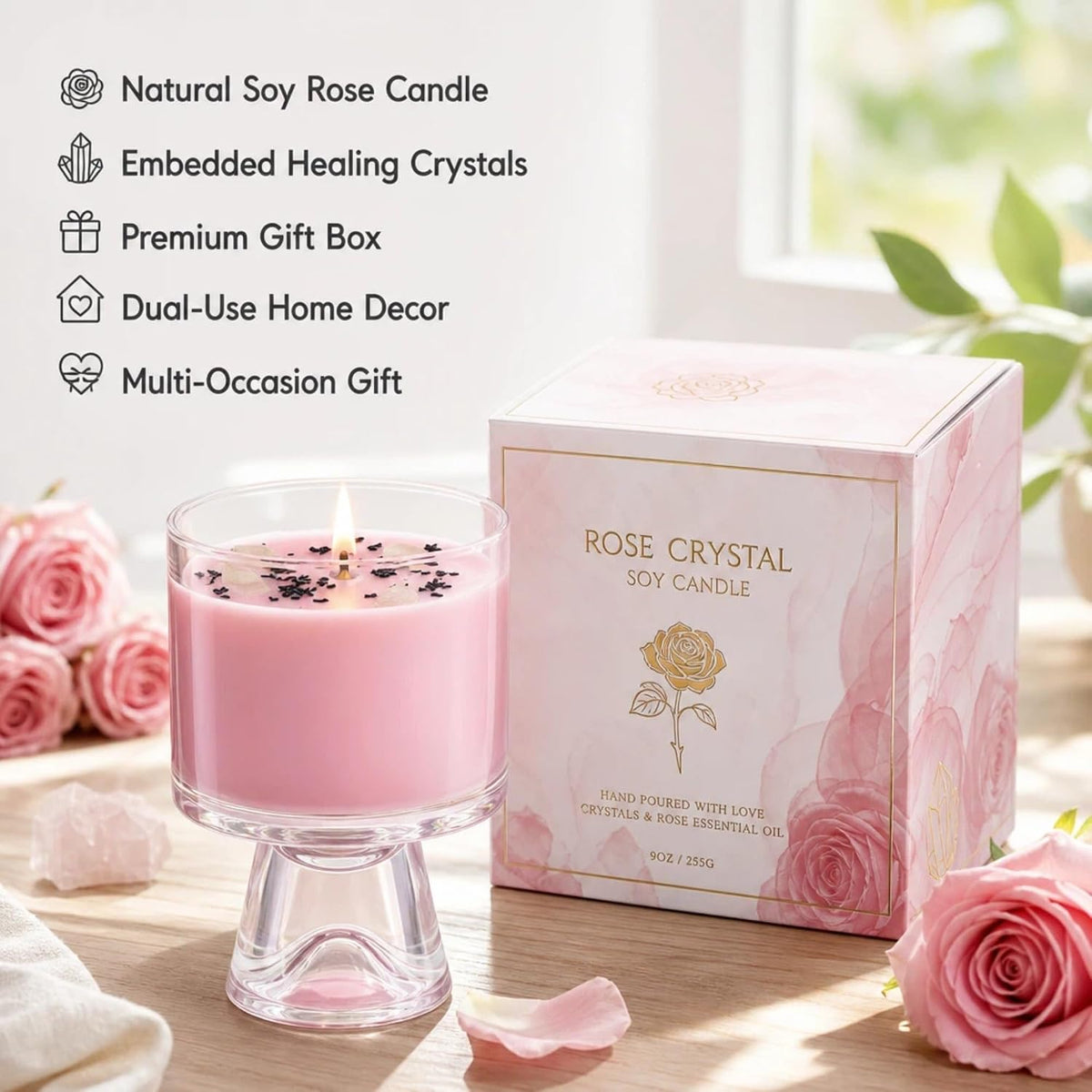 Soy Candle, Rose &amp; Crystals, 48-Hour Burn, Aromatherapy