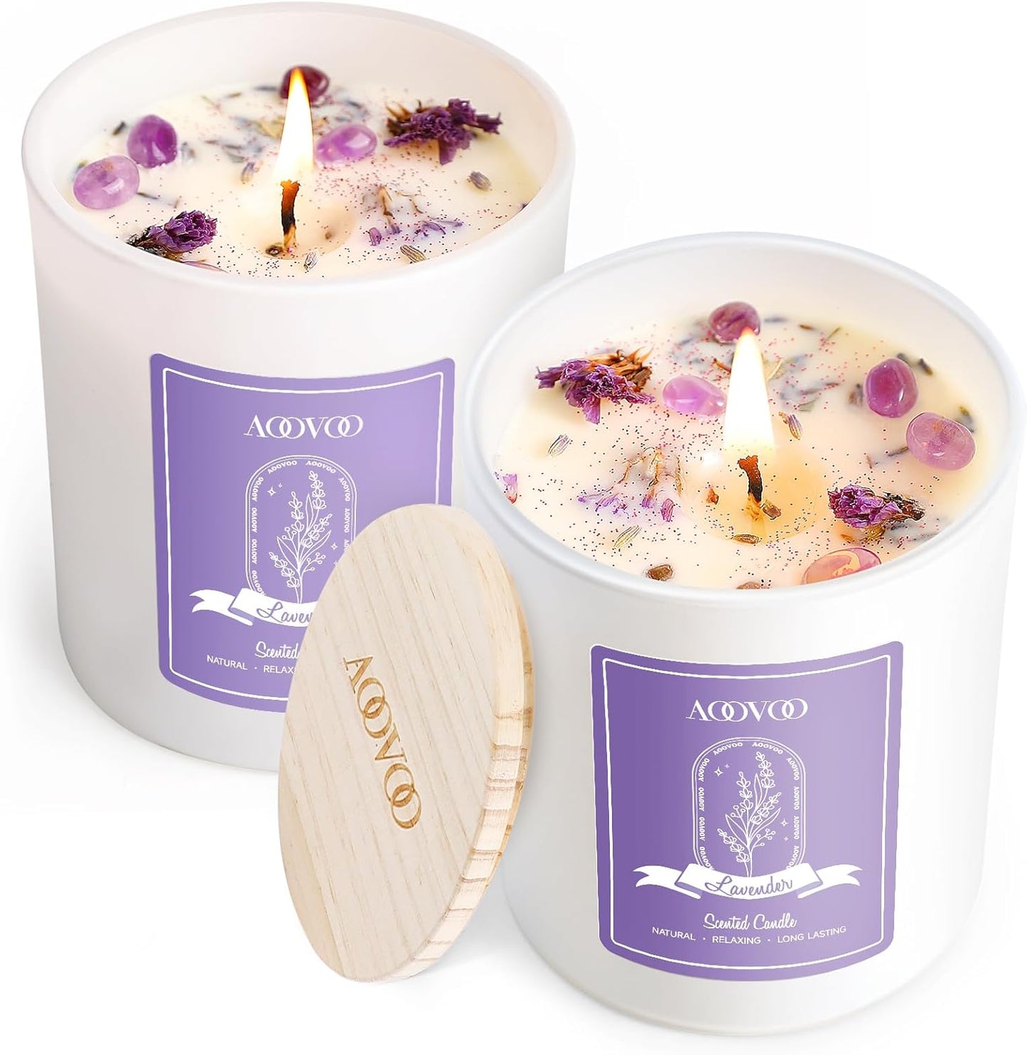 AOOVOO Lavender Scented Candle Set 2 Pack - Aromatherapy Candle with Crystals Inside, 14oz Soy Candles for Home Scented, Birthday Gifts Mothers Day Candle for Women Mom
