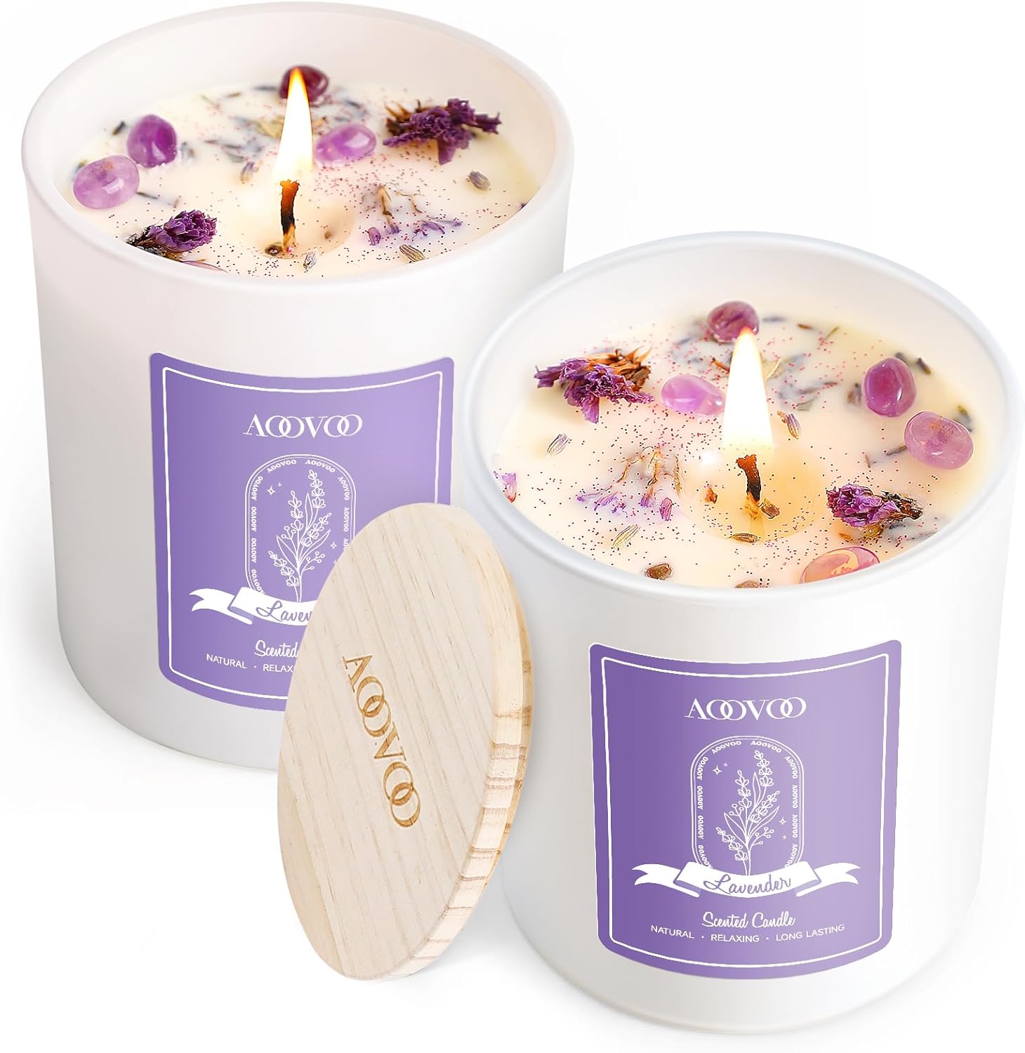 AOOVOO Lavender Scented Candle Set 2 Pack - Aromatherapy Candle with Crystals Inside, 14oz Soy Candles for Home Scented, Birthday Gifts Mothers Day Candle for Women Mom