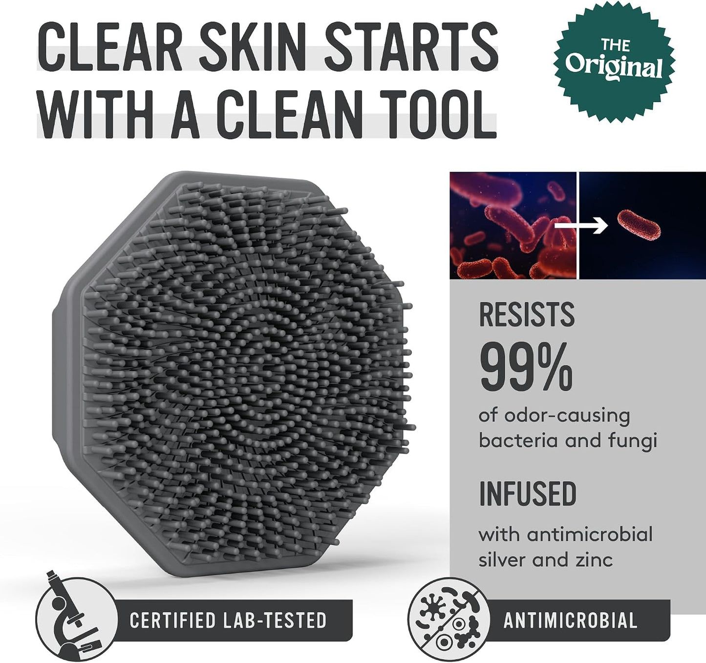 Sud Scrub® Antimicrobial Silicone Face Scrubber, 1 Pack, Gentle Face Exfoliator for Sensitive Skin, Eco Friendly Facial Cleansing Brush, Exfoliating Face Brush for Men and Women (Charcoal)