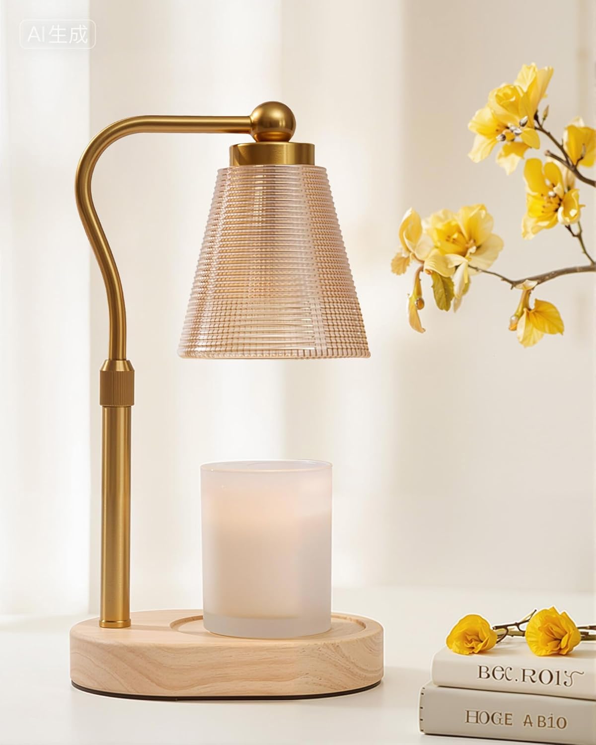 Candle Warmer Lamp with Timer - Adjustable Height & Brightness - Wood Base Glass Shade - 2 Bulbs Included(Oval Gold)