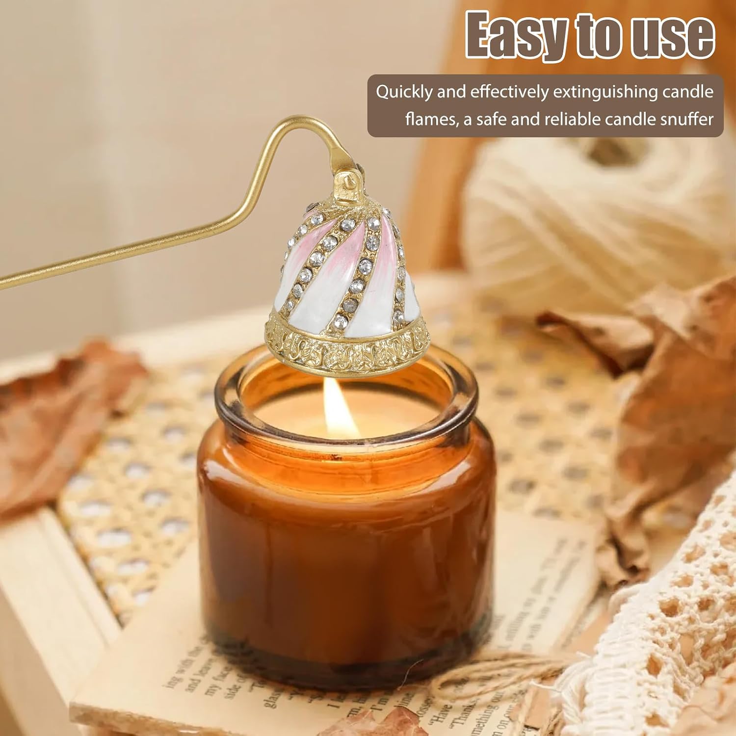Candle Snuffer Vintage, Safe Candle Extinguisher with Metal Handle, Elegant Flower Shape Flame Extinguisher for Putting Out Flame (Pink)