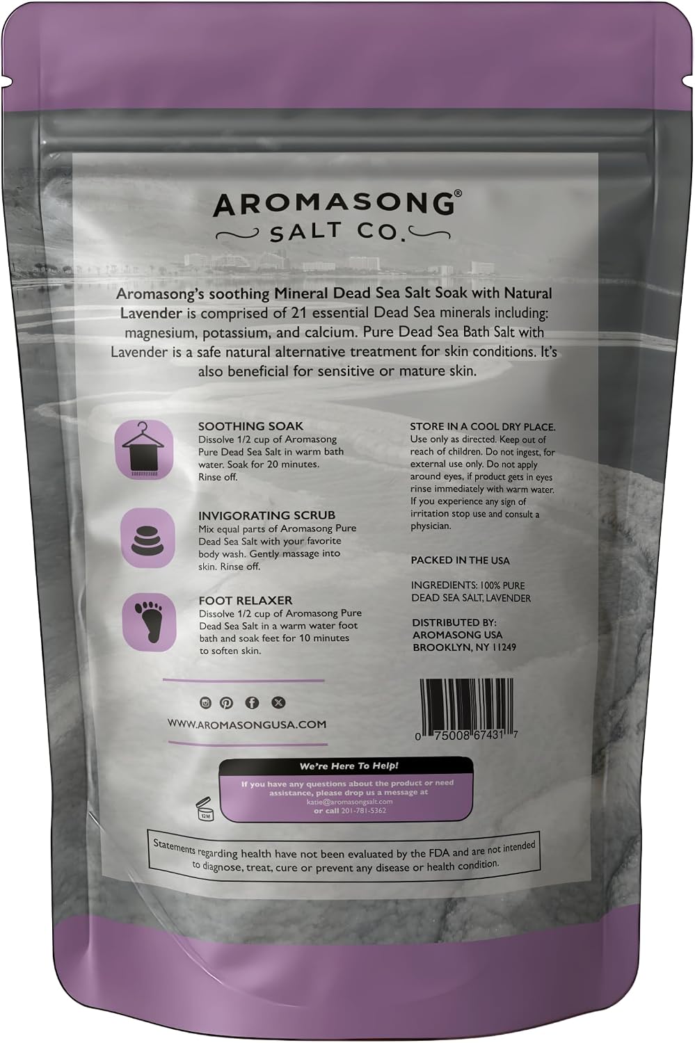 Aromasong Pure Dead Sea Salt for Soaking with 100% Natural Lavender, 19 LB - Spa Bath Salt Fine Grain - Body Wash Scrub - Soak for Women & Men- Bulk Resealable Pack