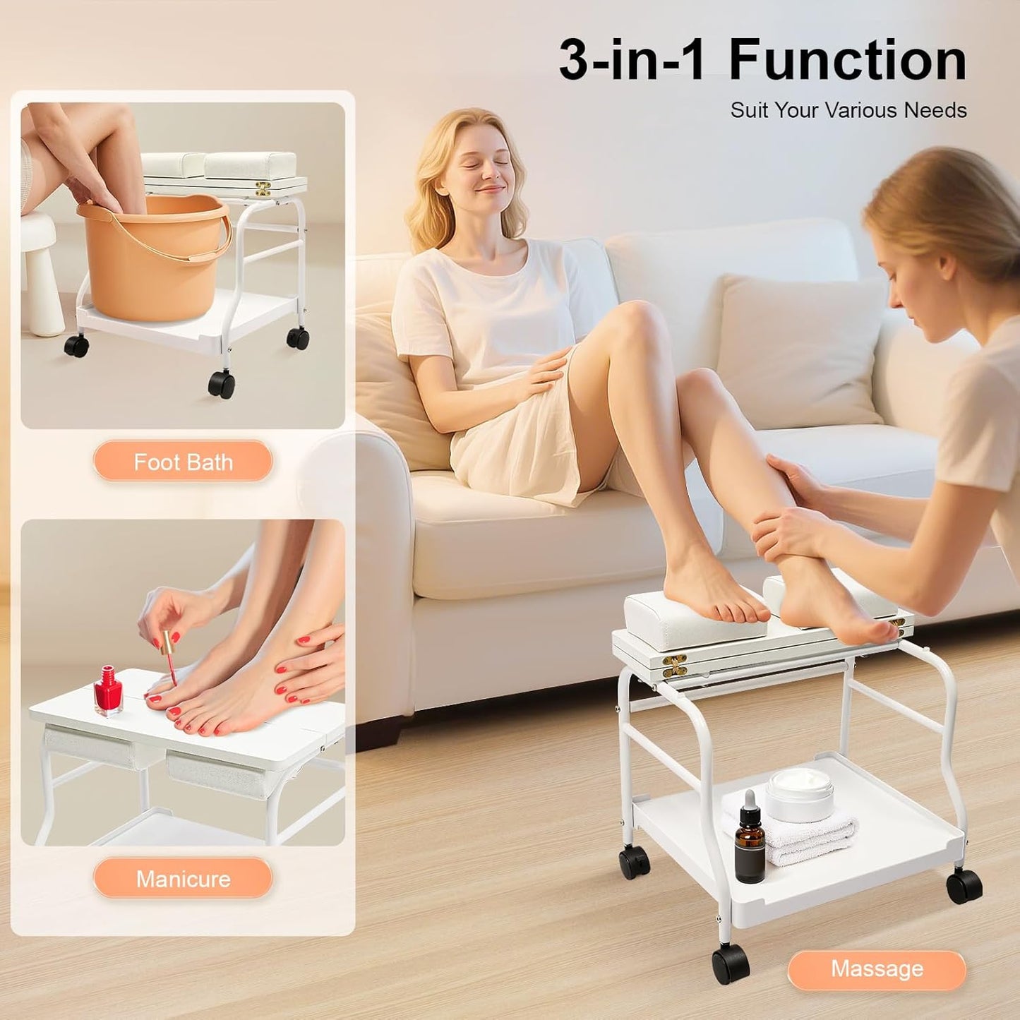 Foot Bath Trolley, Floorstanding Pedicure Foot Spa Trolley, Pedicure Foot Rest with 4 Plastic Universal Silent Wheels and Collapsible Board, Portable Footrest Stand Cart for Beauty Parlor Bathroom