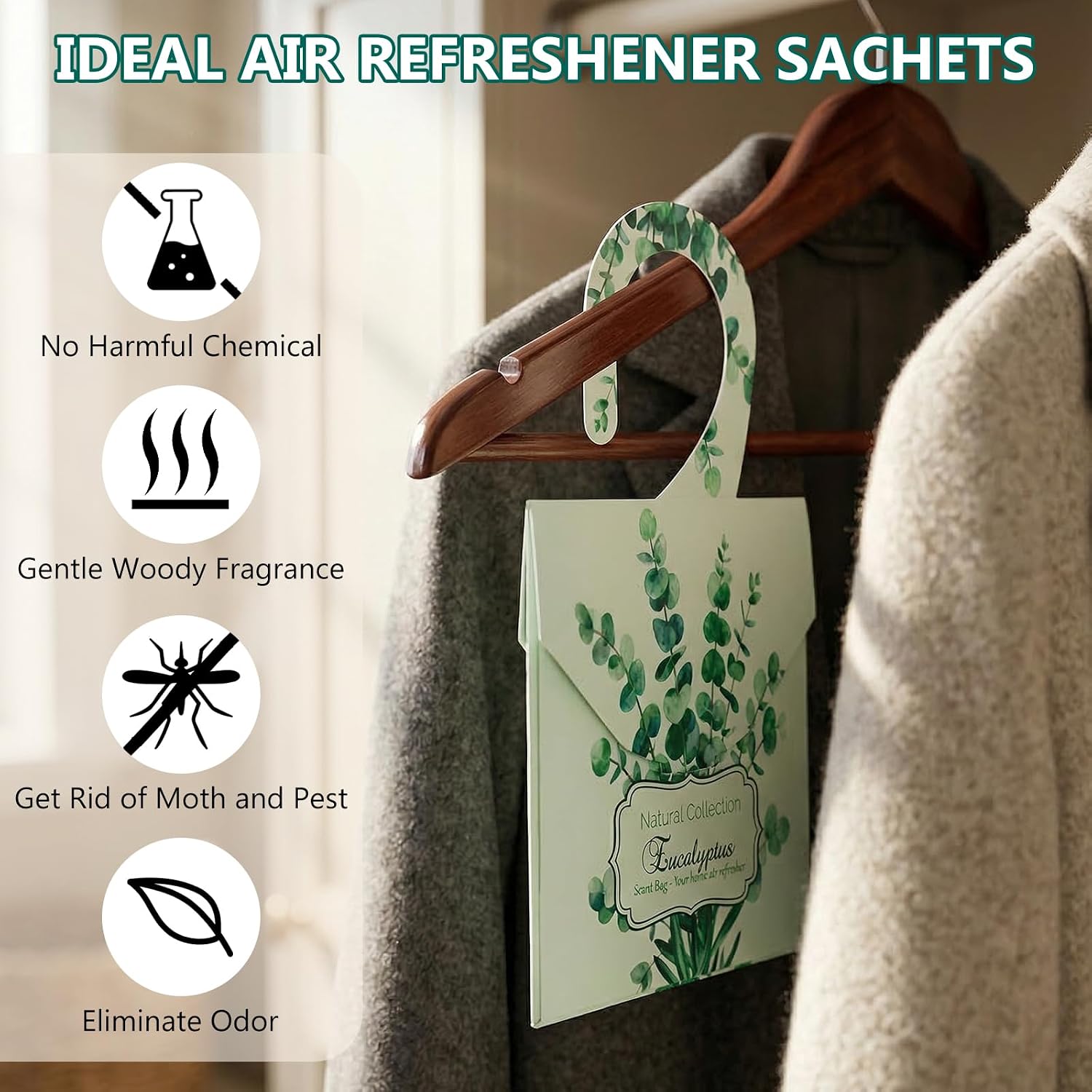 24 Pack Eucalyptus Sachet Bags for Drawers and Closets, Scented Sachets with 10 Hanging Bags Home Fragrance Refreshing Drawer Freshener, Shoes, Cars, Rest Room Deodorizer