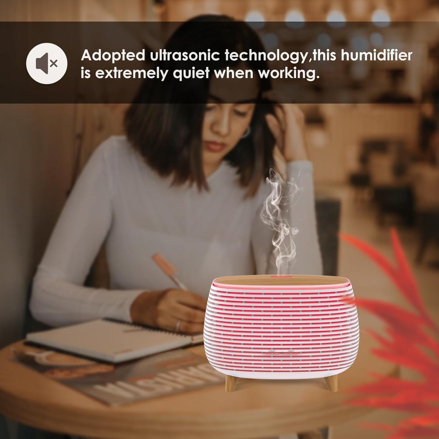 2-in-1 BT Speaker & Ultrasonic Essential Oil Diffuser,Aromatherapy Diffuser Cool Mist Humidifier with 7 Colors Lights for Large Room Home Office,400ml(White+Wooden Grain)
