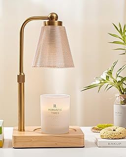 Candle Warmer Lamp with Timer - Adjustable Height & Brightness - Wood Base Glass Shade - 2 Bulbs Included(Square Gold)