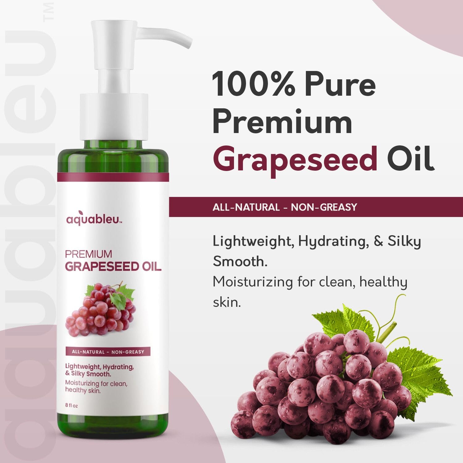 Aquableu Premium Grapeseed Oil - 100% Pure and All-Natural - Hydrating and Silky Smooth - Moisturing, for Clean and Healthy Skin, and Strong Hair - Cold Pressed - 8 oz