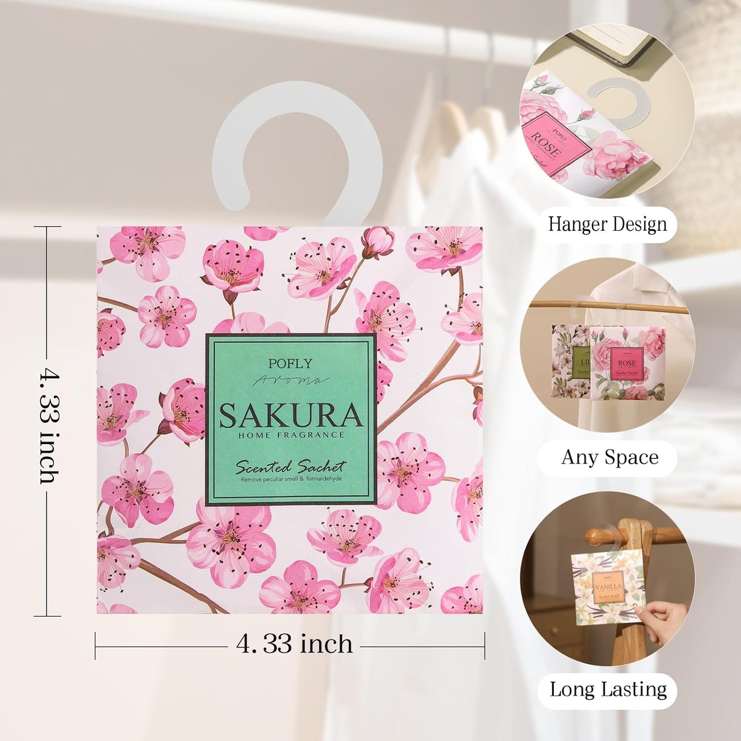 12 Pack Sakura Scented Sachets, Long-Lasting Fresh Scent, Air Freshener for Closet & Drawers, Hanging Deodorizer for Home