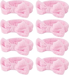 Casoty 8 Pcs Pink Spa Headbands, Soft Coral Fleece Hair Bow Headband for Washing Face, Makeup, Skincare, Yoga, Hair Accessory for Women, Girls, Adults, Gift
