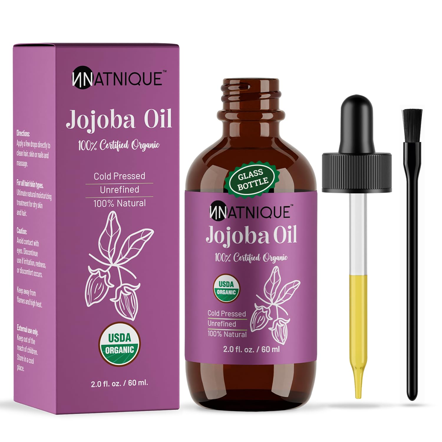 Natnique Organic Jojoba Oil – Brush Included – USDA Certified, Cold Pressed, Unrefined & Hexane-Free – Pure Moisturizer for Hair, Face, Skin, Beard, Scalp, Nails & Cuticles – Natural Care (2 oz)