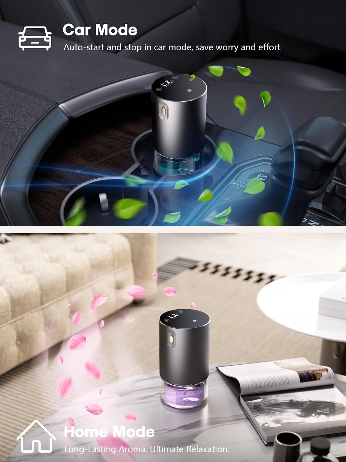 Waterless Oil Diffuser for Home, Car, Office - Rechargeable Scent & Essential Oil Diffuser, 4 Mist Modes and 1/2/4/6 Hour Timer, Portable Cordless Aromatherapy, Spill-Proof Metal Design - Black