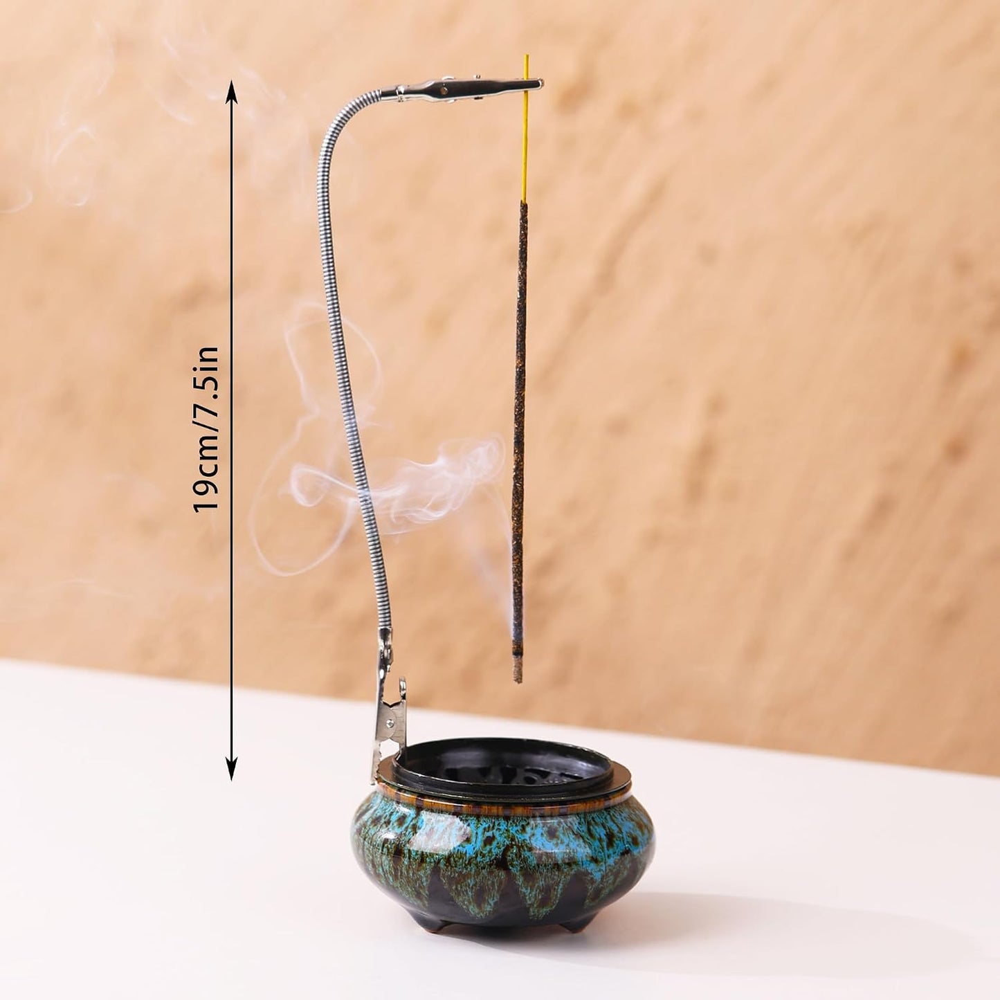 Censer Sky Blue Incense Burner with Calabash Incense Stick Holder - Porcelain Charcoal Censer for Use with Resin Granular Powder Cone or Coil Incense (Blue Fambe)