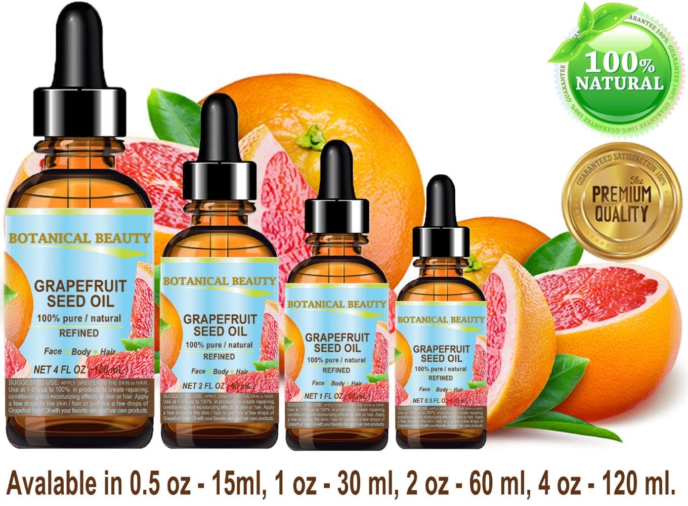 GRAPEFRUIT SEED OIL. 100% Pure / Natural / Undiluted /Refined COLD PRESSED CARRIER OIL (Not Essential Oil). 0.5 Fl.oz.- 15 ml. For Skin, Hair and Lip Care. "One of the richest natural sources of