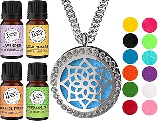 Wild Essentials CZ Flower Necklace Essential Oil Diffuser Kit with Lavender, Lemongrass, Peppermint, Orange Oils, 12 Refill Pads, Calming Aromatherapy Gift Set, Customizable Color Changing, Perfume