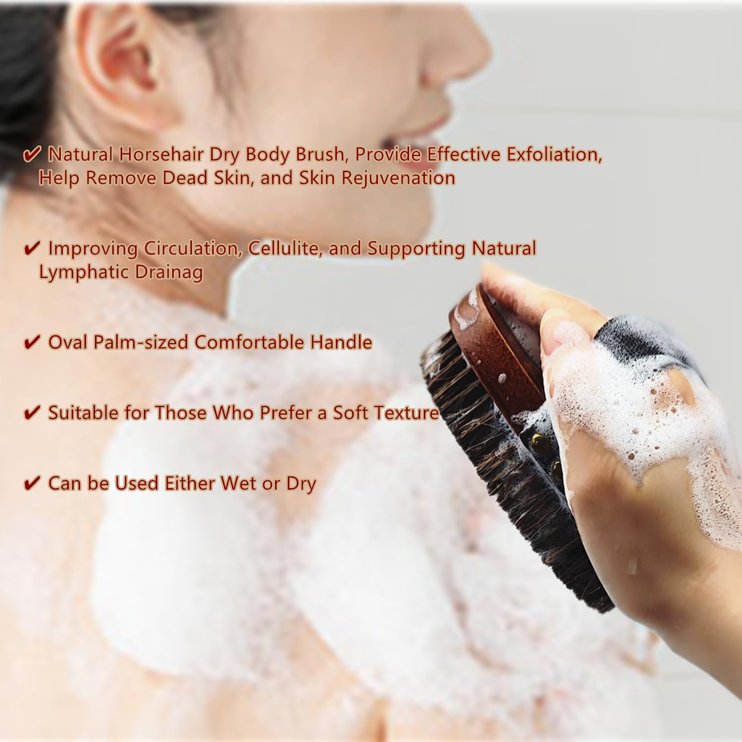 Dry Brushing Body Brush, Exfoliating Body Scrubber Natural Horsehair Bath Brushes Wooden Handle for Shower, Skin Exfoliation, Cellulite and Lymphatic Improvement Gift