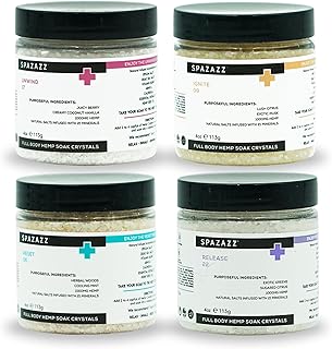 Spazazz Hot Tub Aromatherapy Full Body Hemp Soak Collection Sampler Pack - 4oz 1000 mg Hemp Spa Aromatherapy Hot Tub Bath Salt Crystals 4 Pack: Release 22, Reset 06, Unwind 17, Ignite 09