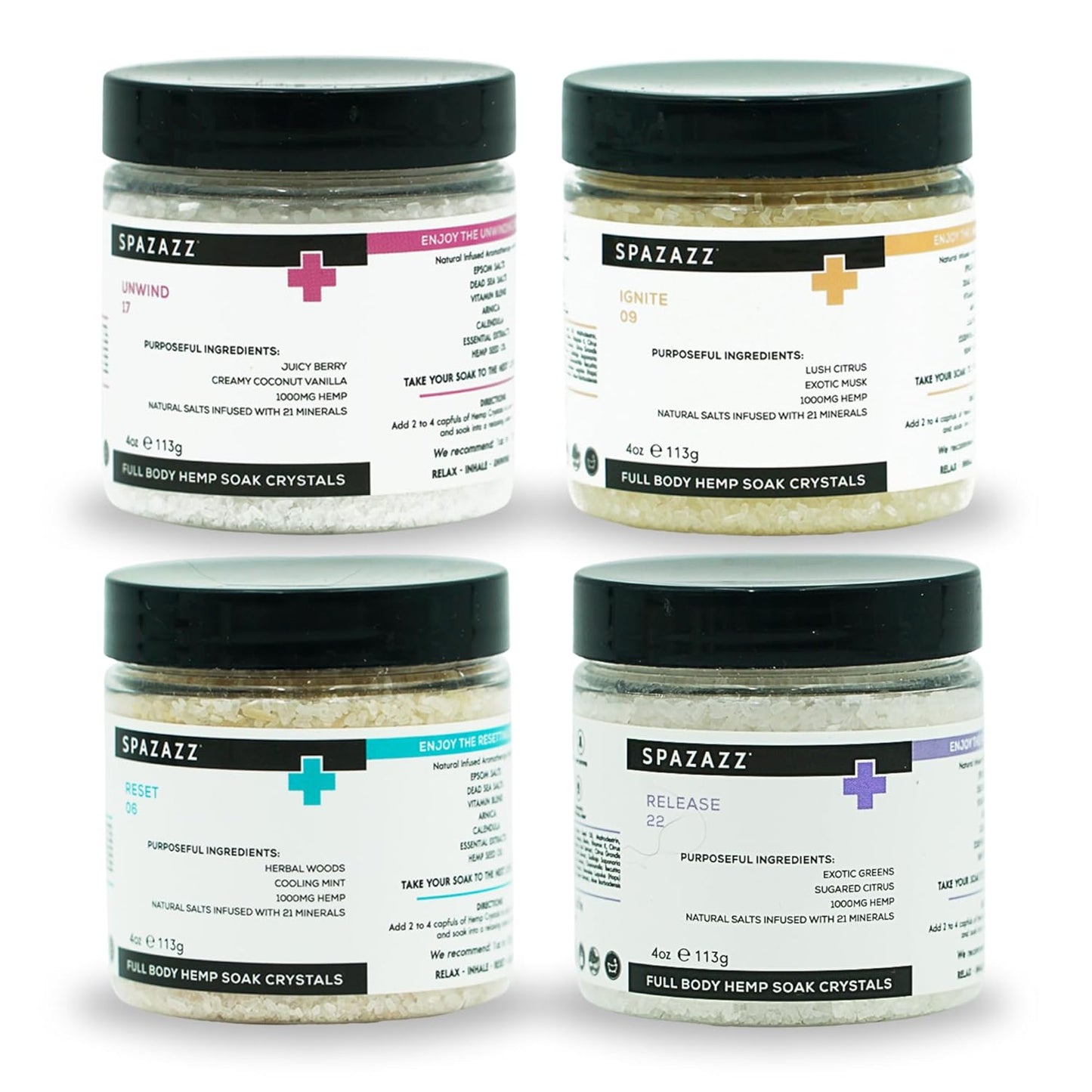 Spazazz Hot Tub Aromatherapy Full Body Hemp Soak Collection Sampler Pack - 4oz 1000 mg Hemp Spa Aromatherapy Hot Tub Bath Salt Crystals 4 Pack: Release 22, Reset 06, Unwind 17, Ignite 09