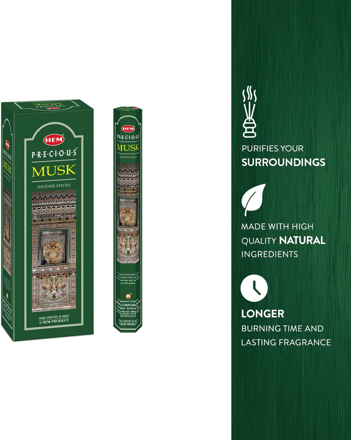 HEM Precious Musk Incense Sticks – (120 Sticks, 6 Boxes Inside) - 9 Inches Long ,Dispel Negativity, Induce Relaxing Sleep, Spiritual Strength, Aromatherapy, And Strengthen Meditation Practices