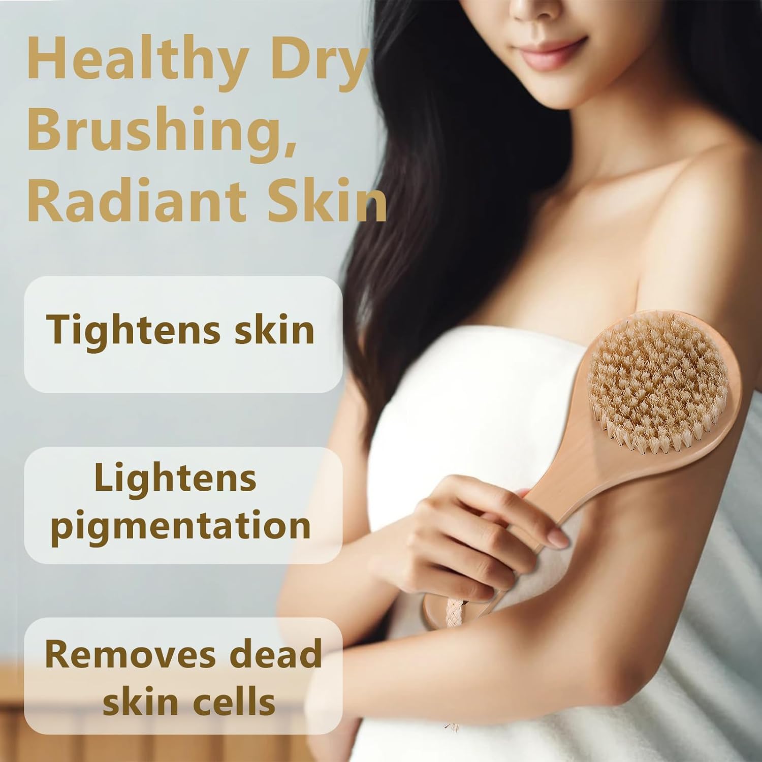 Dry Bath Body Brush with Short Handle, Natural Bristles Back Scrubber, Anti-Slip Wooden Handle for Exfoliation, Blood Circulation, and Cellulite Reduction, Brown