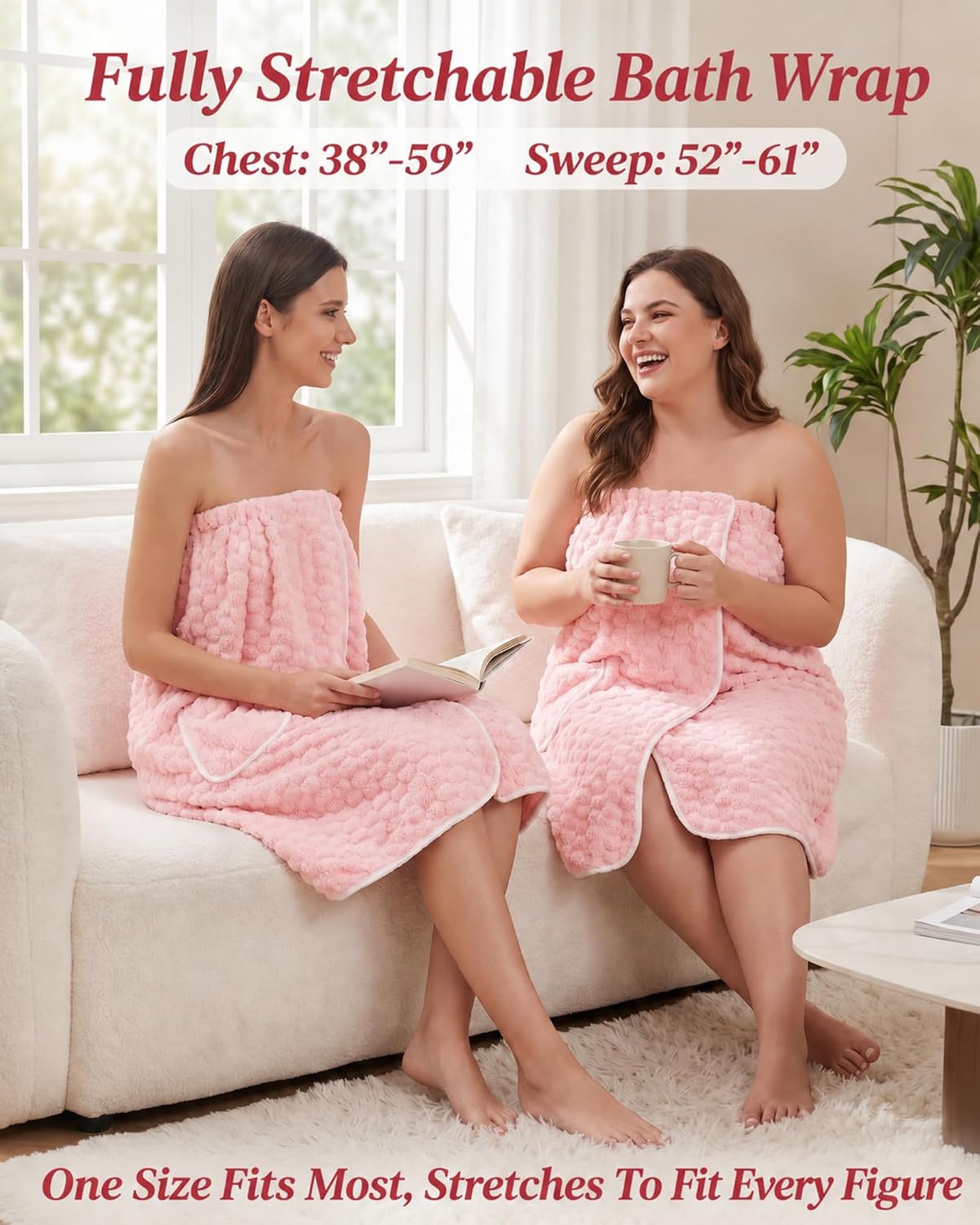 Gilprop Women's Towel Wrap with Large Hair Towel, Adjustable Button Closure Spa Shower Robe, Quick Dry Absorbent Microfiber Bathrobe, Pink Body and Hair Wraps Set for Home Hotel Pool Travel Beach