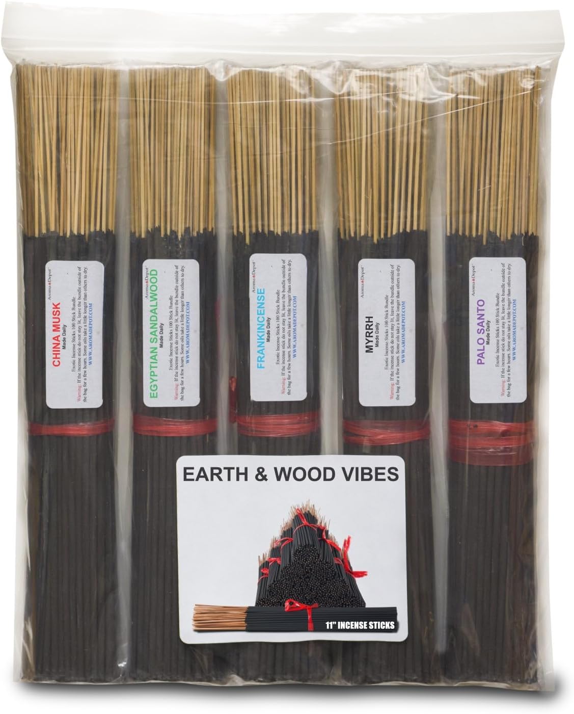 Earth & Wood Vibes 11'' Incense Sticks - Variety Set 500 Pack - 11 inch - 5 Bundles 100 Sticks Per Fragrance Scent. Set Features China Musk, Egyptian Sandalwood, Frankincense, Myrrh, Palo Santo
